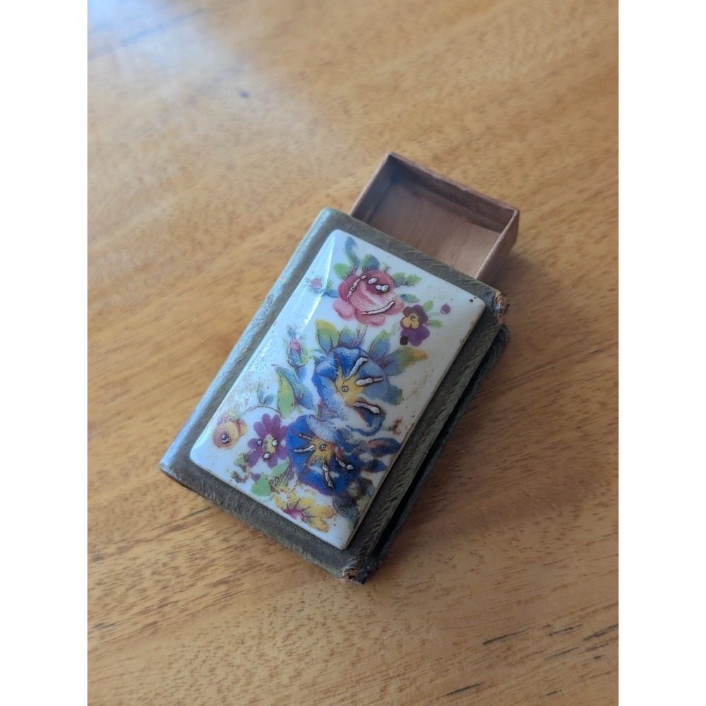 Vintage Book Style Matchbox Floral Pattern Hand Painted Ceramic Trinket Box